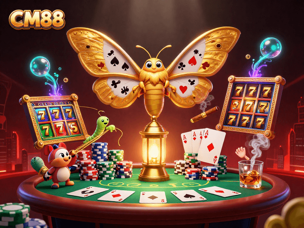 Experience epic gameplay at CM88 with a beautiful visual representation of casino elements in a vibrant 3D scene.