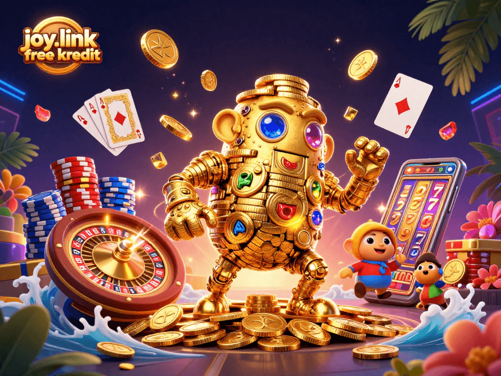 Spin for joy with joy.link free kredit and a 3D golden golem surrounded by casino elements.
