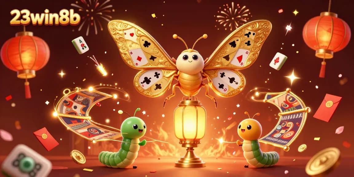 Engage with 23win8b's vibrant casino scene featuring a majestic moth and golden lanterns.