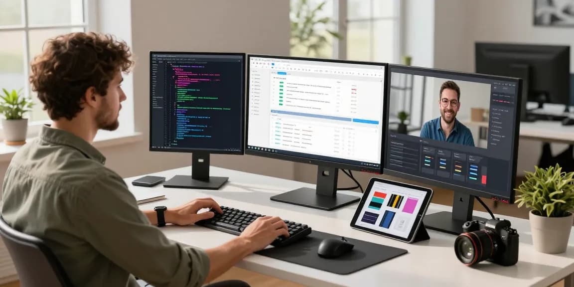 Focused developer at the WPS Official Website workspace, coding with multiple screens in a modern office environment.