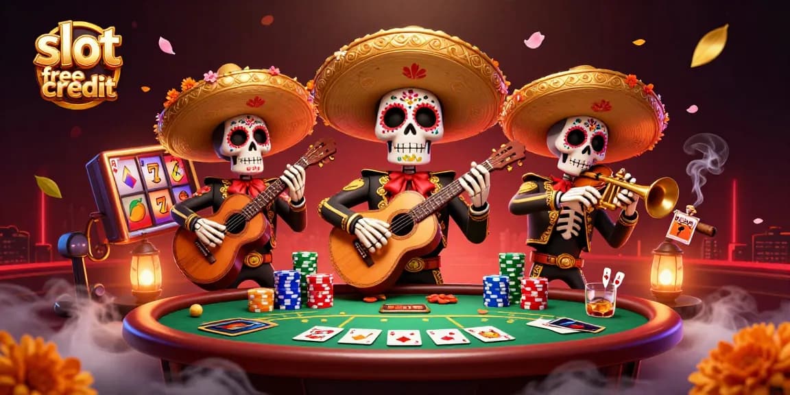 Engage with slot free credit in a vibrant Dia de los Muertos casino scene with colorful characters.