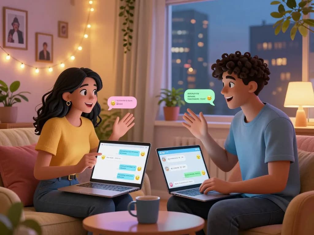 Couple engaging in an ai sex chat with personalized avatars, cozy setting, warm lighting, and playful digital interaction.