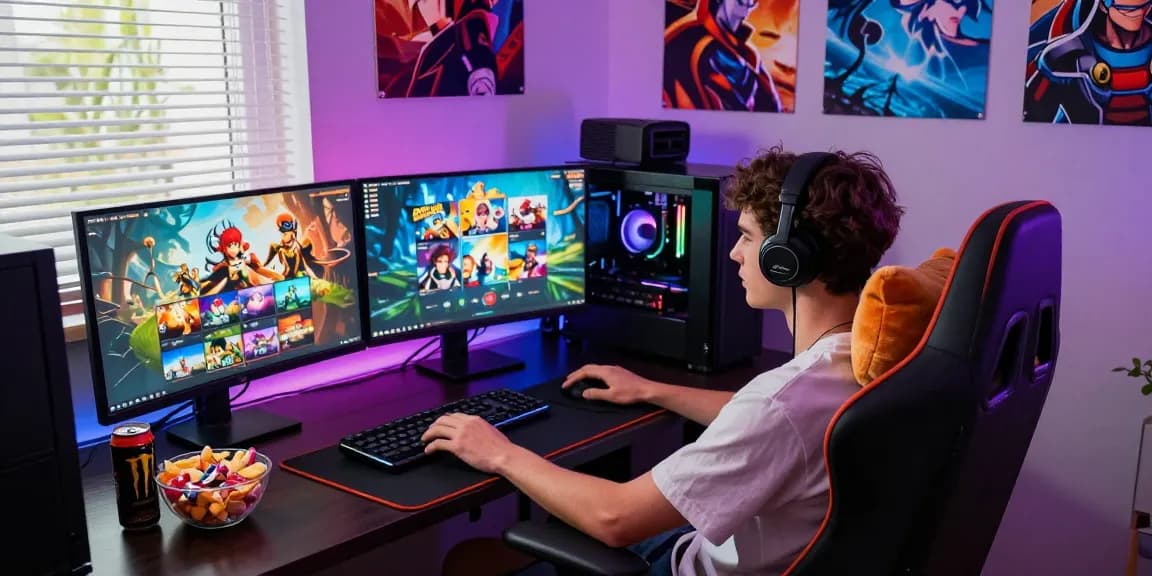 Immersive hentaigame gaming setup featuring dual monitors and vibrant decor.
