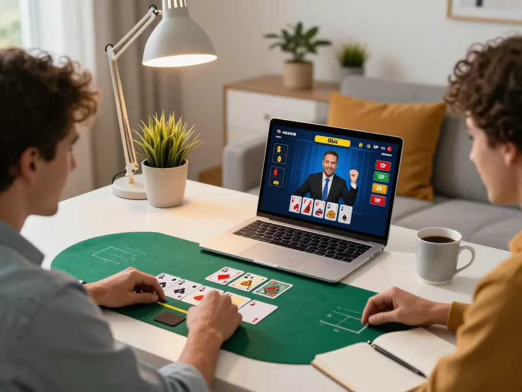 Players enjoying an online blackjack game with CM88 on laptop in cozy home setting