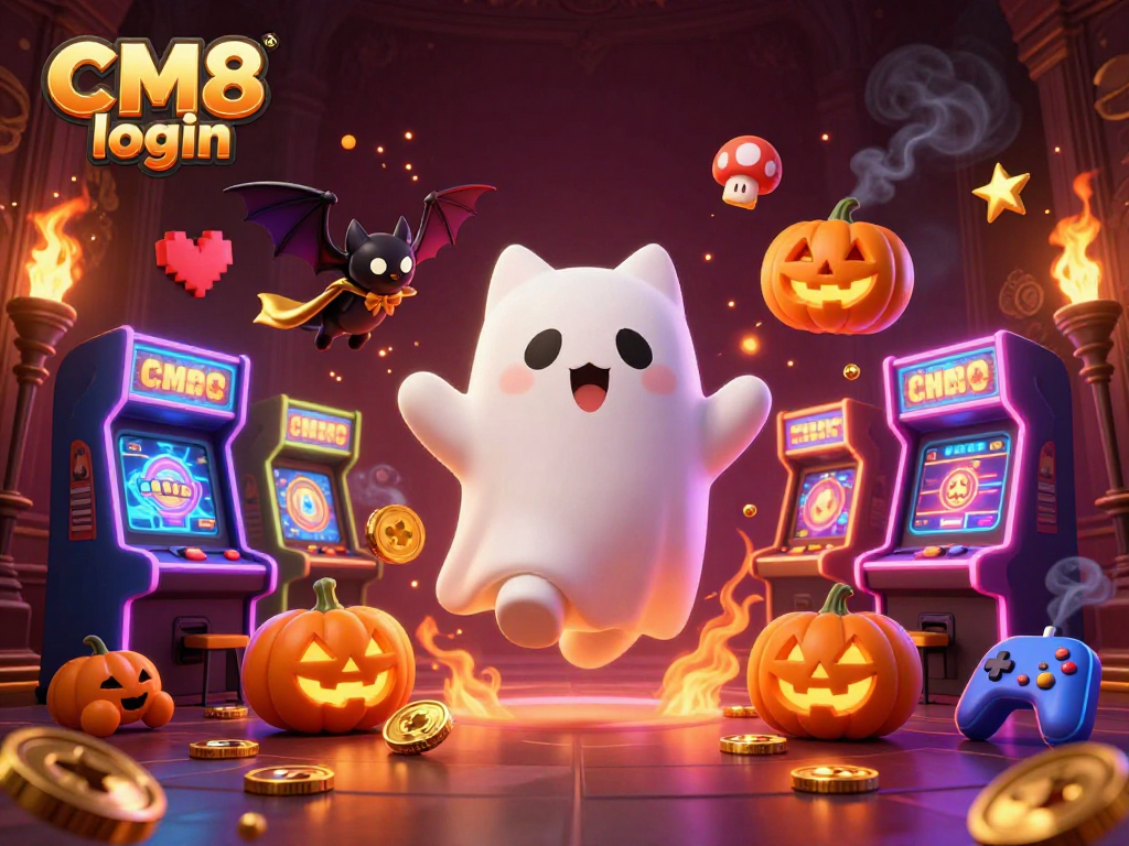 Engage with thrilling gameplay at CM8 login, featuring an enchanting casino scene with ghostly characters and arcade machines.