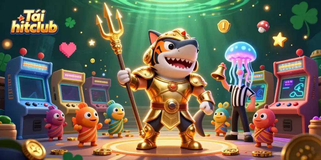 Engage in fun gameplay with Tải hitclub, featuring an underwater scene with a gladiator shark and exciting arcade games.