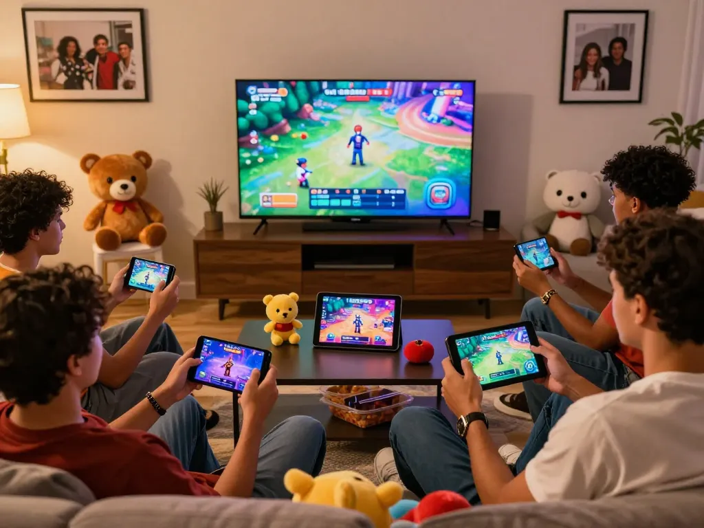 Engaging friends playing gay porn games on mobile devices in a cozy living room.