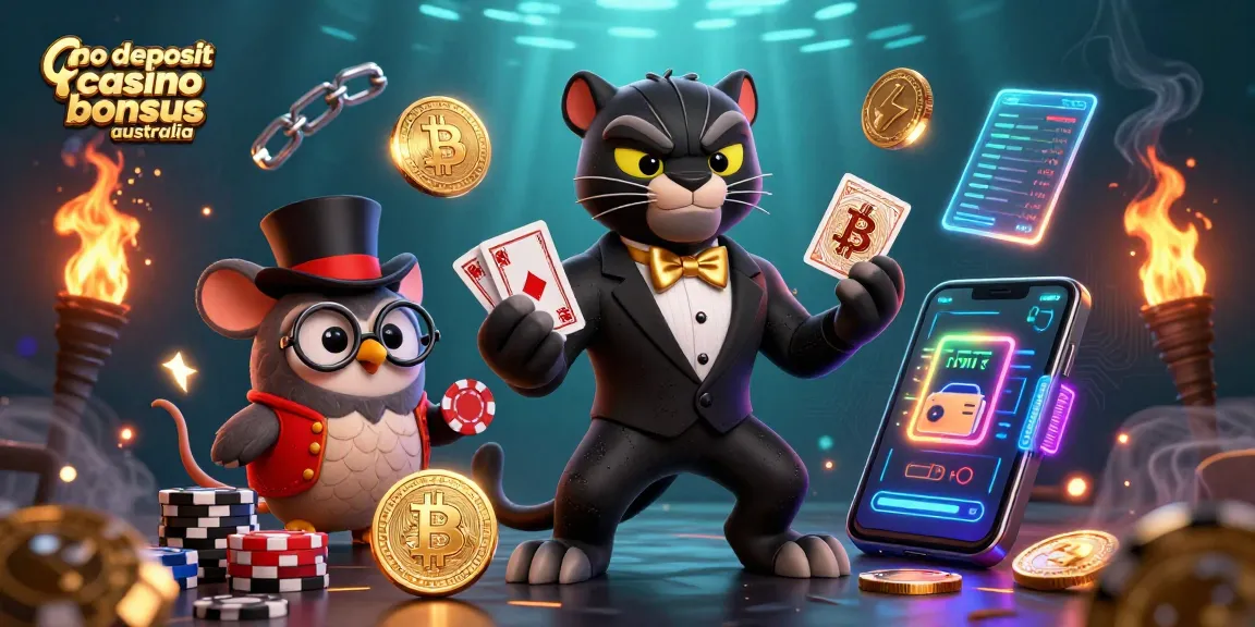 No deposit casino bonuses Australia visual featuring a tuxedoed panther dealing cards alongside a poker owl and a lucky mouse.