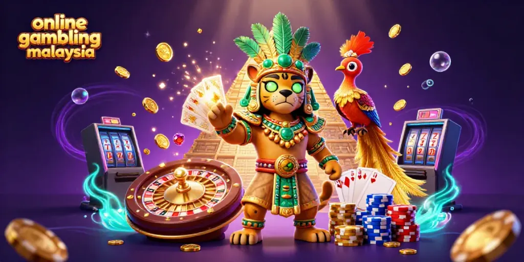 Experience the thrill of online gambling in Malaysia with vibrant casino elements and characters.