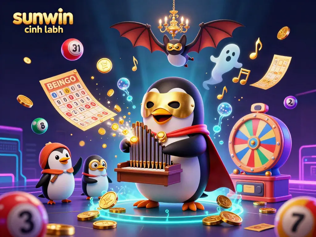 Experience the excitement of sunwin chính hãng with a whimsical 3D casino scene featuring a penguin maestro, golden coins, and dynamic game elements.