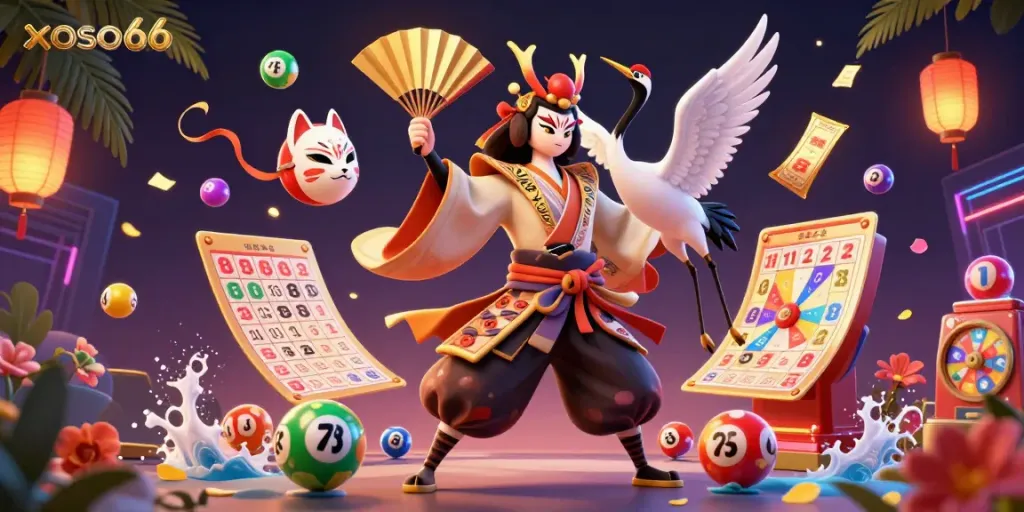 Experience the vibrant energy of xoso66 with colorful lottery elements and a kabuki warrior in action.
