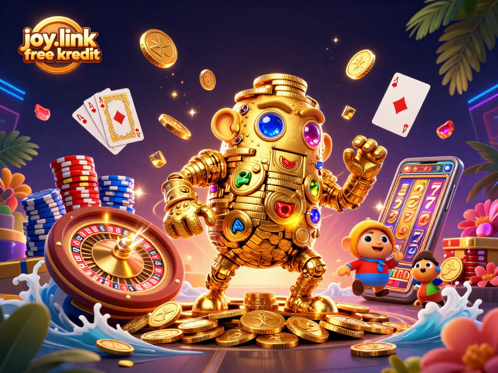 Spin for joy with joy.link free kredit and a 3D golden golem surrounded by casino elements.