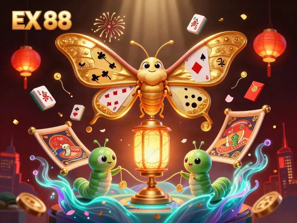 Play exciting games with the exotic EX 88 moth as your guide in an enchanting casino scene.