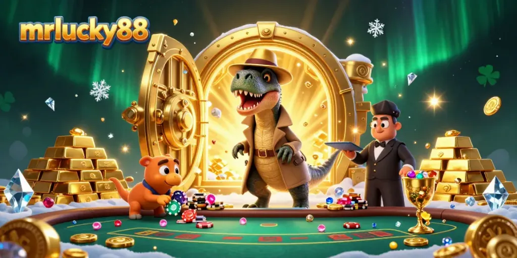 Engage in thrilling action at mrlucky88 with a cartoon velociraptor at the blackjack table, surrounded by luxurious treasures.