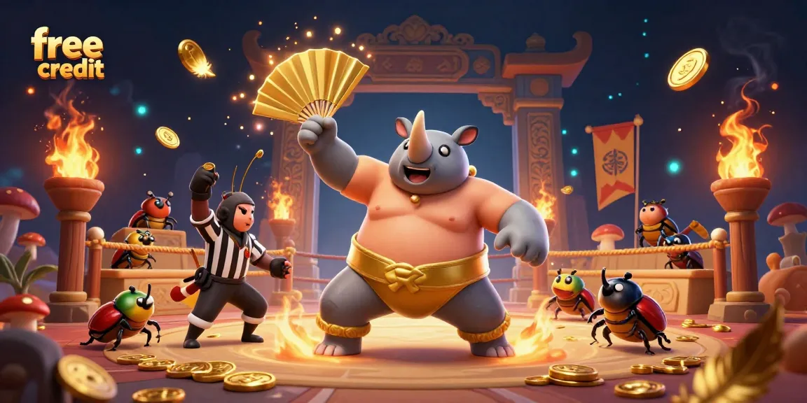 Experience free credit excitement with a 3D rhinoceros beetle champion in a vibrant casino atmosphere.