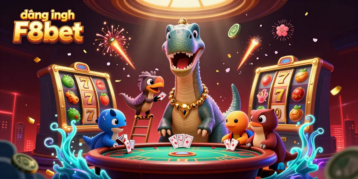 Engage with thrilling gameplay at đăng nhập F8bet in this vibrant 3D casino scene featuring a brontosaurus and raptor.