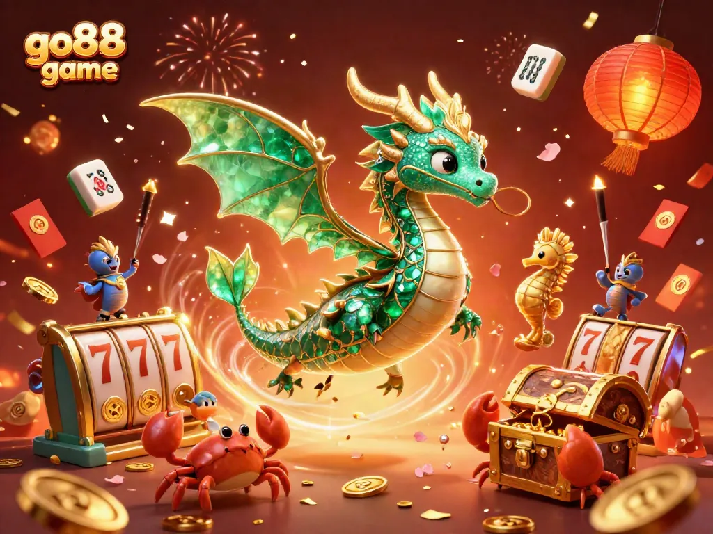 Experience the excitement of the go88 game featuring a sea dragon and slot reels in a vibrant casino scene.