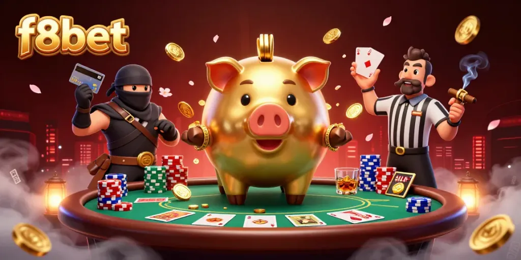 Experience the thrilling atmosphere at f8bet with a sumo wrestler piggy bank in action surrounded by dynamic poker elements.