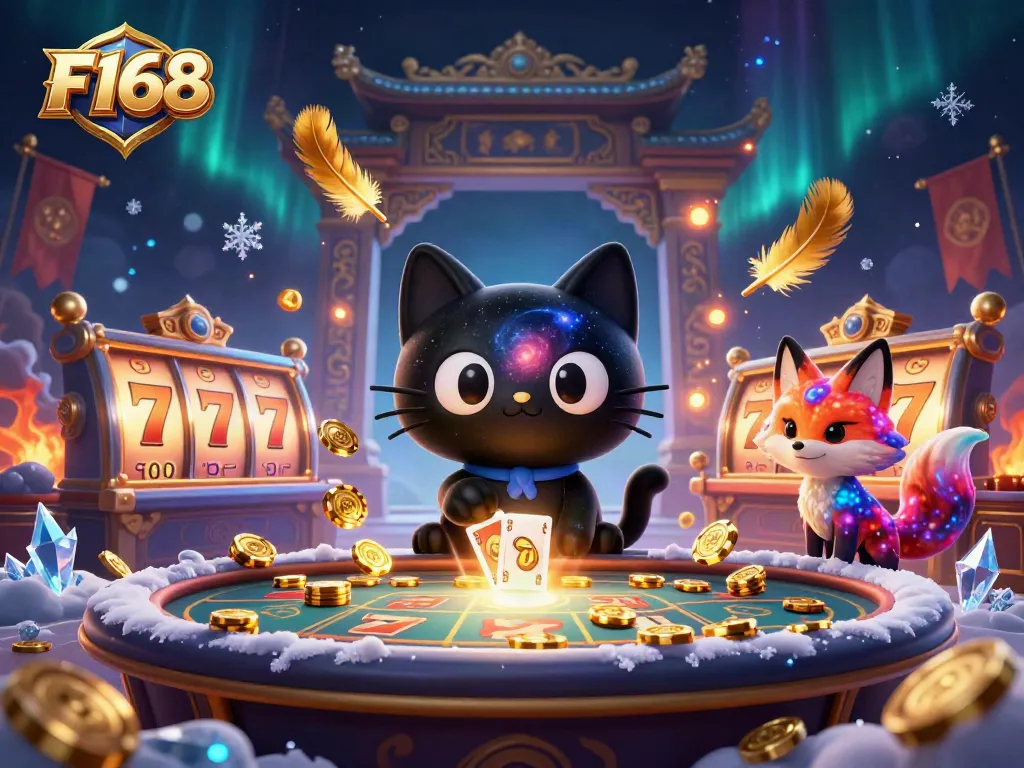Experience thrilling wins at F168 with a cosmic cat and fox at a vibrant casino table.