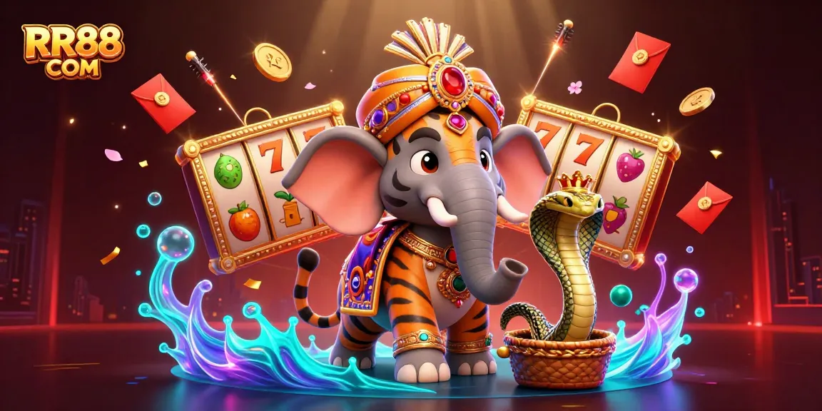 Experience excitement at RR88 COM with vibrant visuals of a jewel-encrusted scene featuring slots and a majestic tiger.