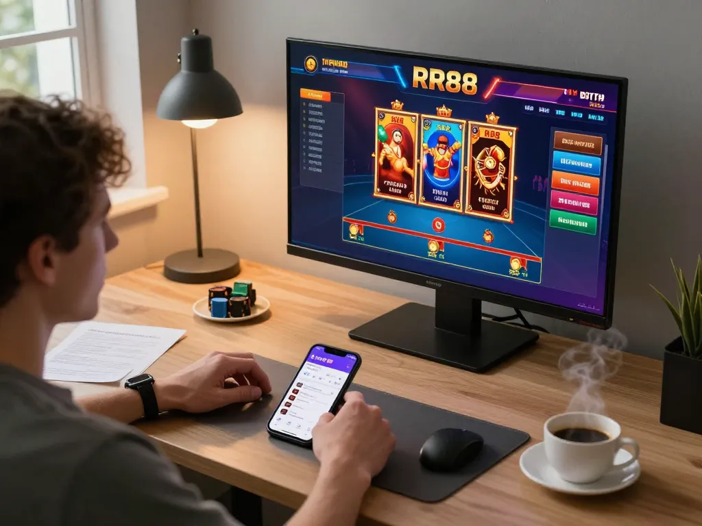 Experience exciting gaming action on RR88 with a person engaged in online casino gameplay.
