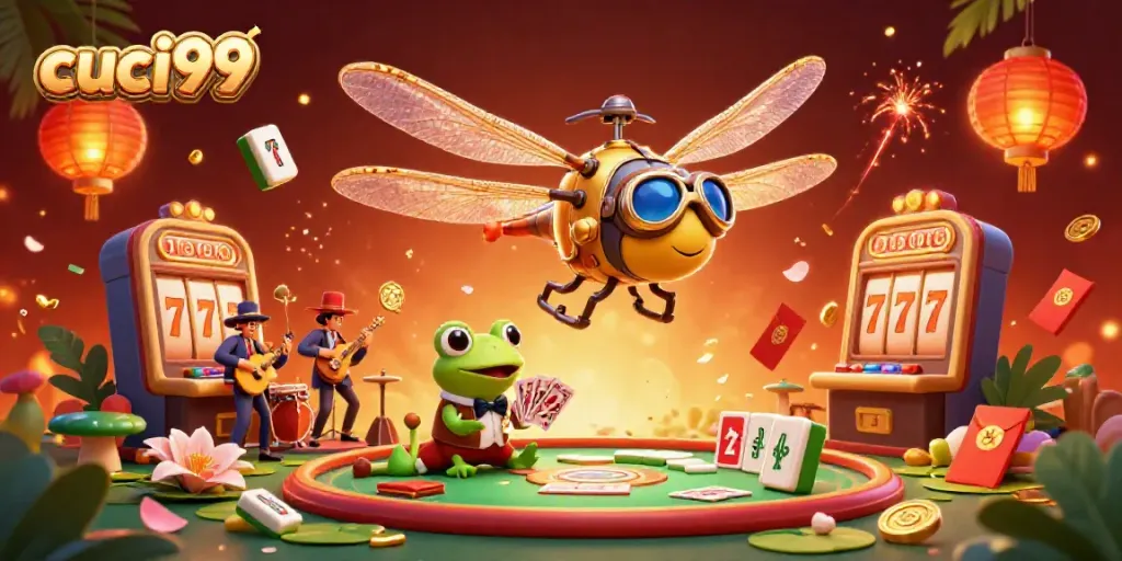 Experience the thrill of cuci99 with a cartoon dragonfly pilot and frog croupier in a vibrant casino scene.
