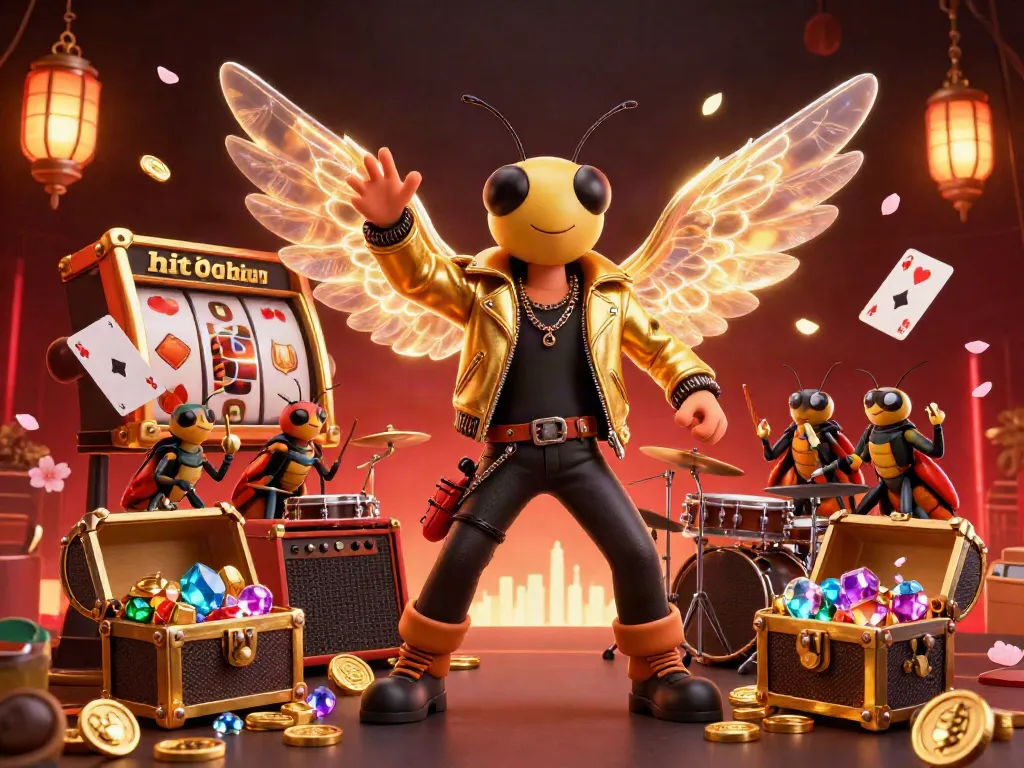 Experience the vibrant world of hitclub chính hãng with a rock star cicada, delivering excitement in a casino-themed illustration.