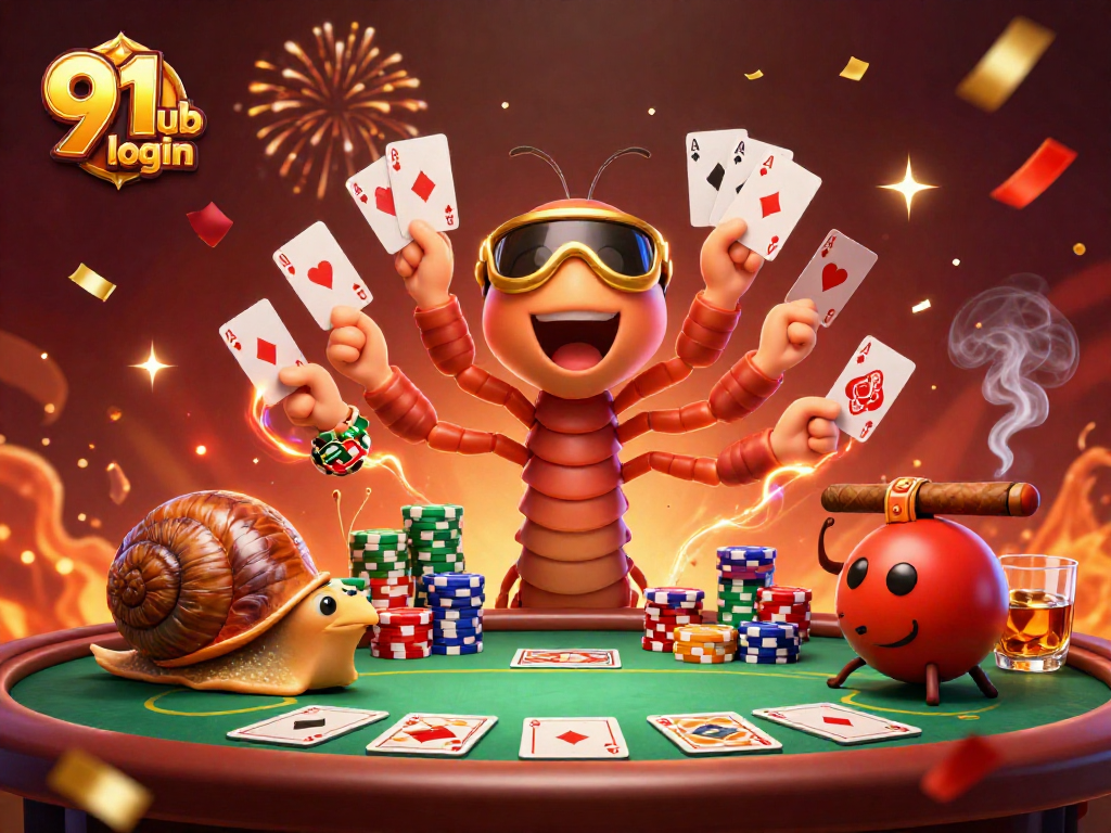 Experience thrilling gameplay with 91 club login as a colorful millipede dealer and friends at a vibrant poker table.