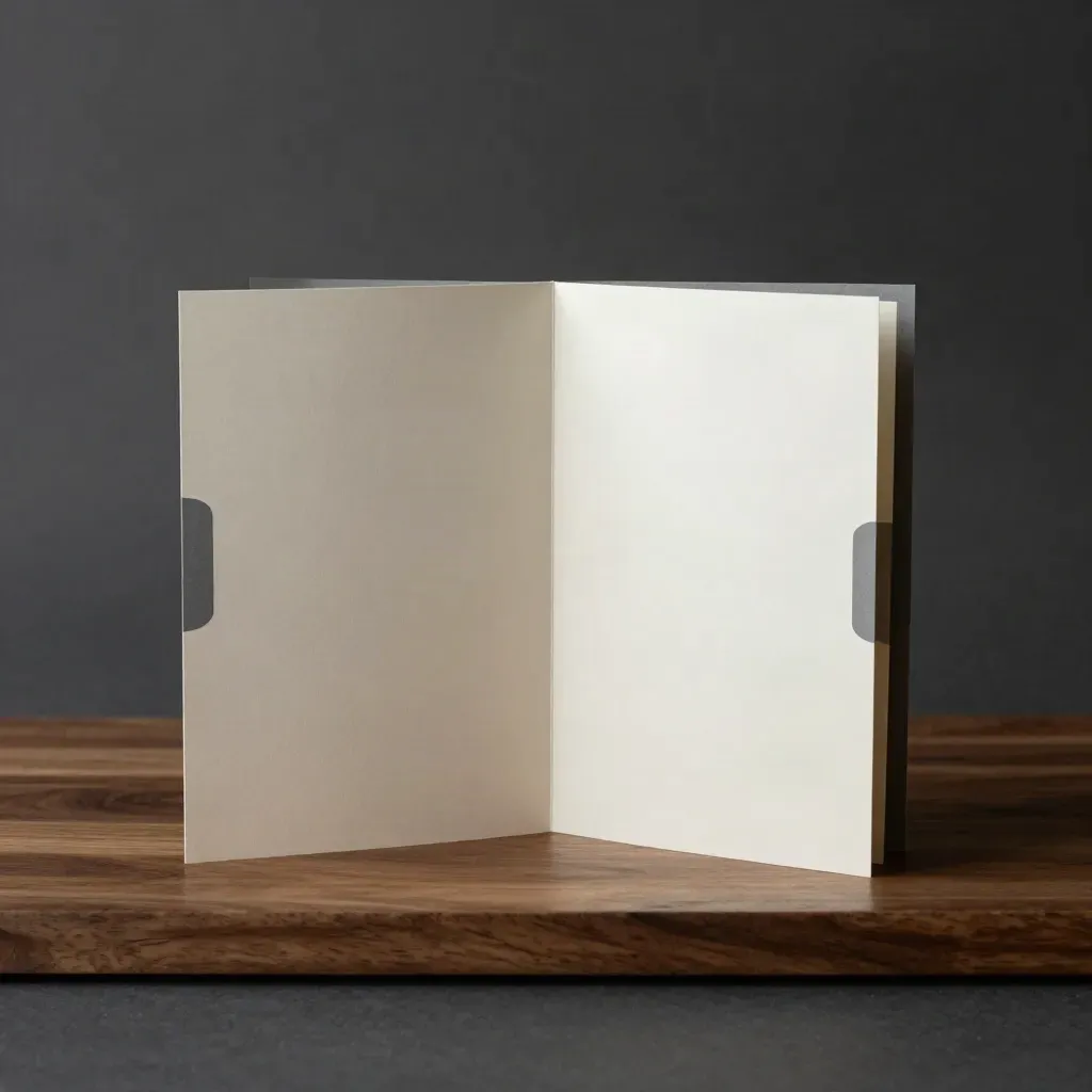 Set pelan jualan B2B terbuka dengan dua buku kecil dan penanda kertas di studio gelap.