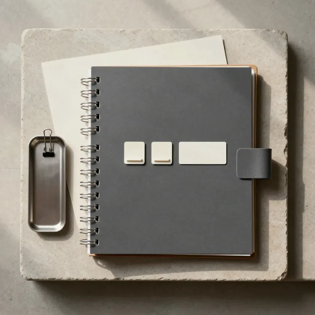 Flatlay binder sokongan projek bulanan dengan pembahagi, tag tugas kosong dan dulang kecil.