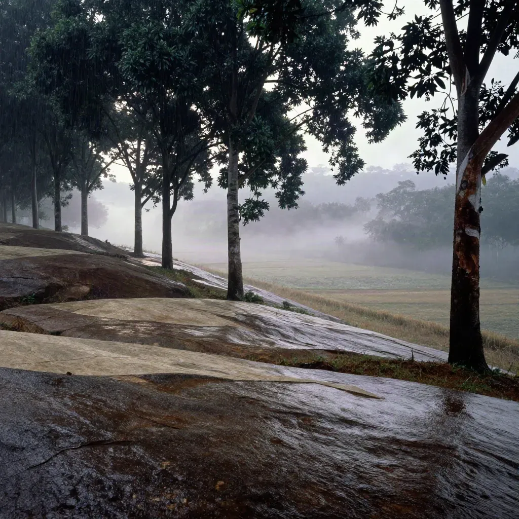 Hillside berkabus dengan pokok getah dan granit basah ketika subuh selepas hujan.