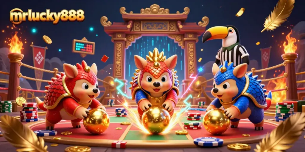 Play thrilling games with mrlucky888 featuring panda pangolins battling in a vibrant casino scene.