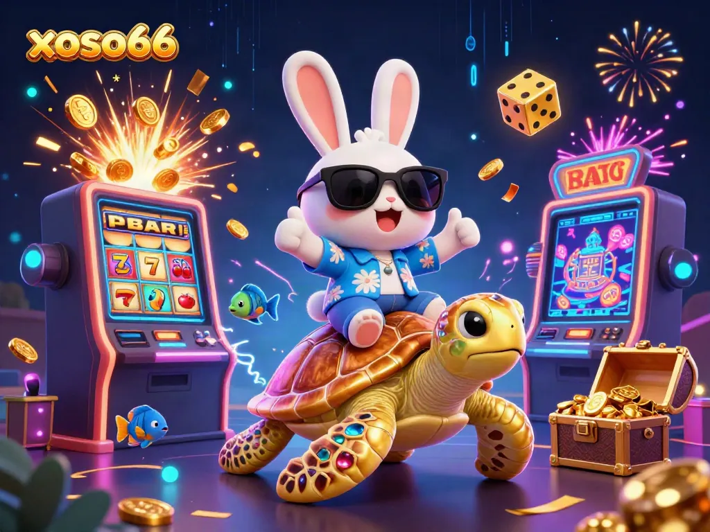 Win big with xoso66 as a lucky rabbit rides a golden turtle amidst a slot machine explosion!
