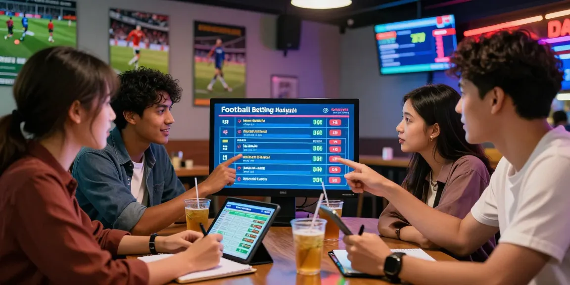 Excited group discussing Football Betting Malaysia strategies while viewing live betting odds on a screen in a vibrant bar.
