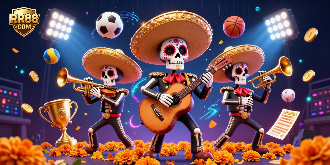 Engaging scene showcasing the dynamic RR88 COM mariachi band playing instruments amidst lively 3D sports betting elements.