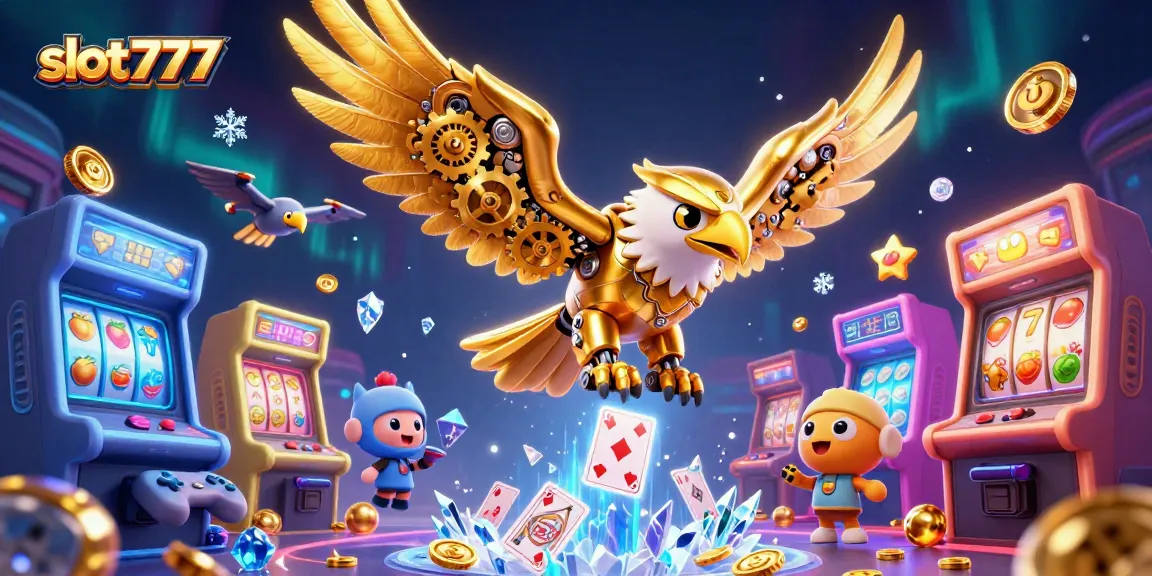 Experience thrilling gameplay with slot777’s vibrant 3D casino illustration of a golden eagle amidst slot machine symbols.