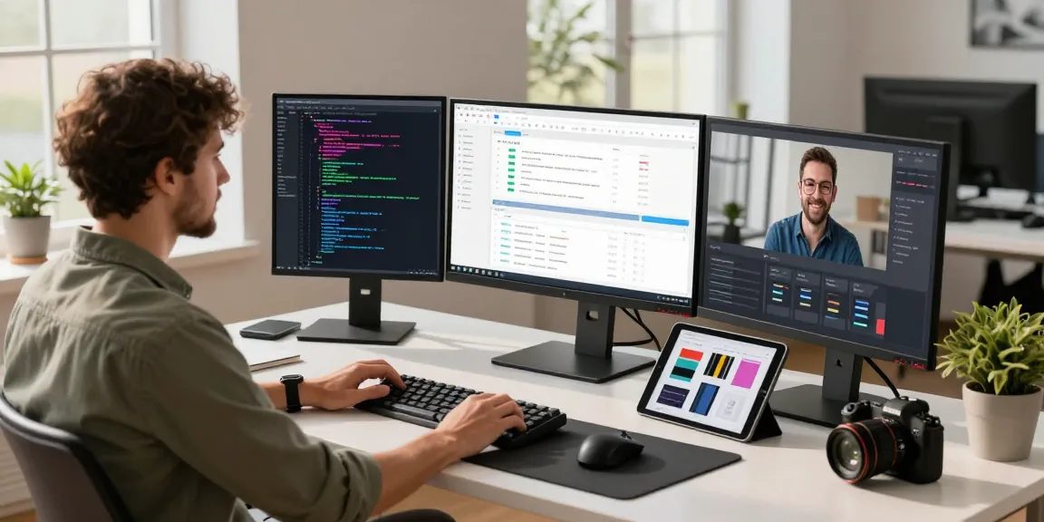 Focused developer at the WPS Official Website workspace, coding with multiple screens in a modern office environment.