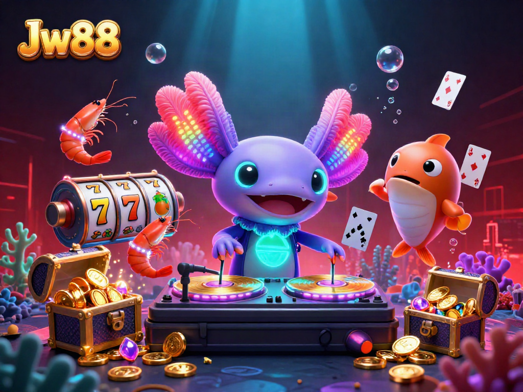 Jw88 enhances the gaming experience with a vibrant underwater casino scene featuring colorful characters and slot elements.