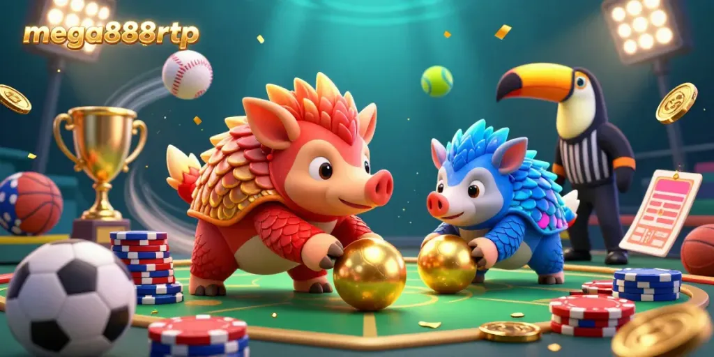 Rival pangolins engage in a casino game scene with elements depicting mega888rtp in vibrant 3D graphics.
