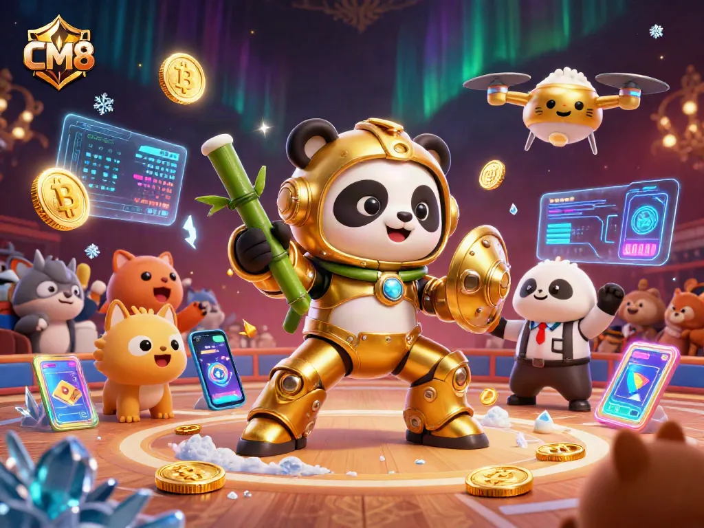 Engage with CM8 in a vibrant online casino battle scene featuring a golden panda mech!