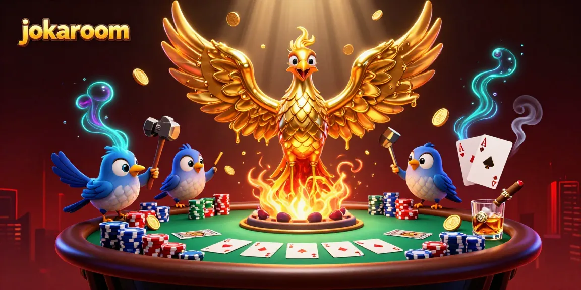 Experience the thrill of jokaroom with a vibrant 3D casino scene showcasing a golden phoenix and poker elements.