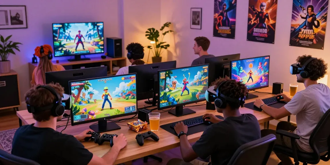 Players enjoying NSFW APK games in a dynamic gaming room, showcasing excitement and colorful character screens.