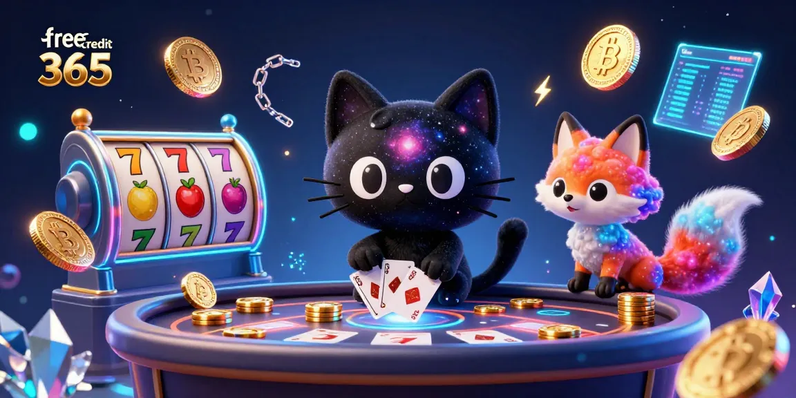 Players enjoying exciting games with free credit 365 at a vibrant casino setup, featuring Bitcoin and Ethereum.