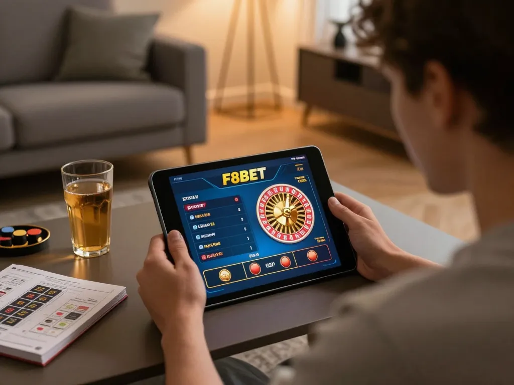 Playing online casino games on F8BET at home with engaging tablet interface and cozy atmosphere.