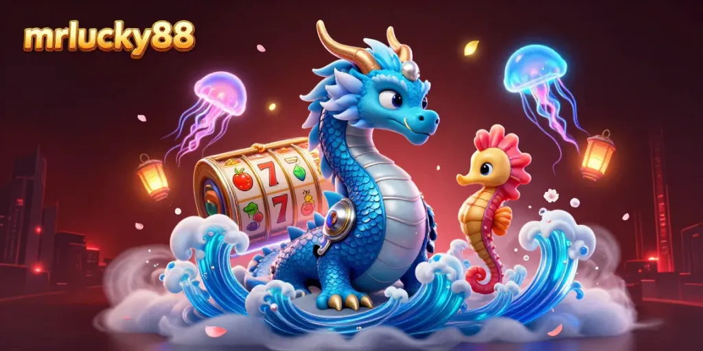 Experience the thrill of mrlucky88 online casino with an enchanting 3D dragon and gaming elements.
