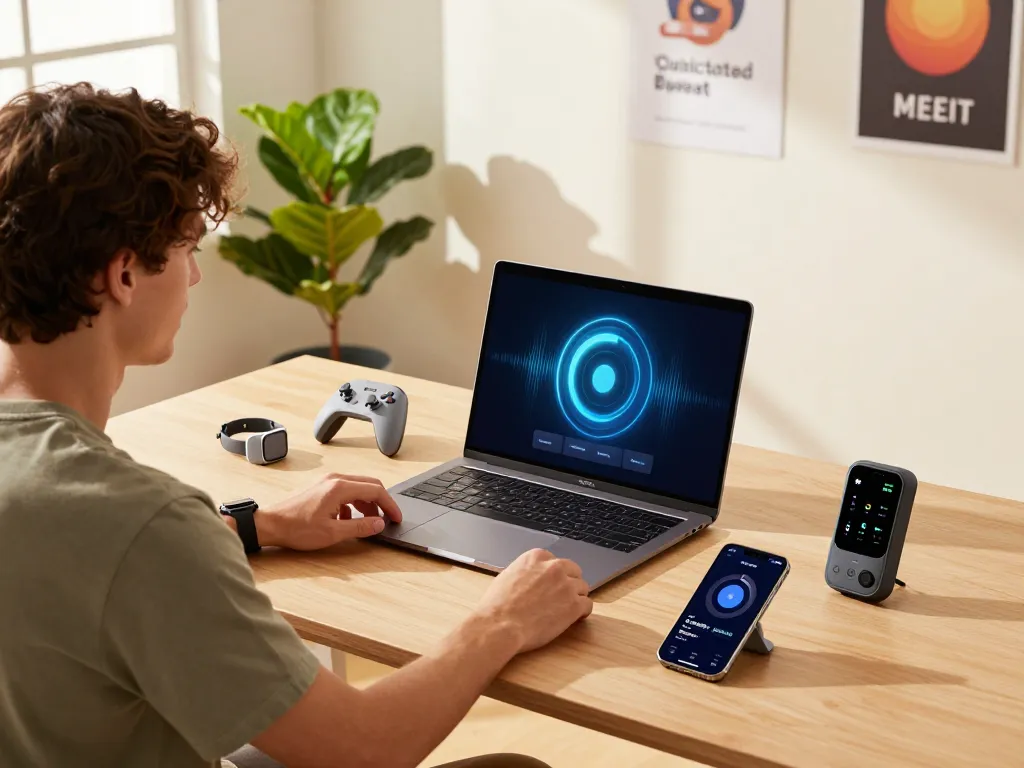 Showcase of the best tech gadgets for men in a modern workspace with Bluetooth devices and accessories.
