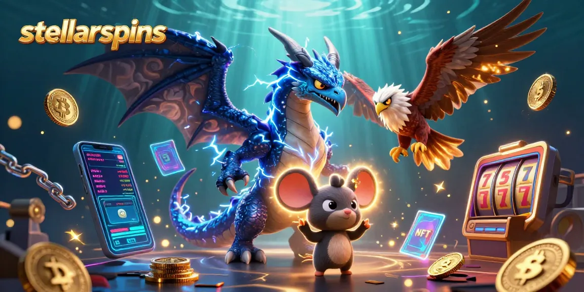 Engage with stellarspins in an electrifying casino scene filled with slot elements and crypto coins.