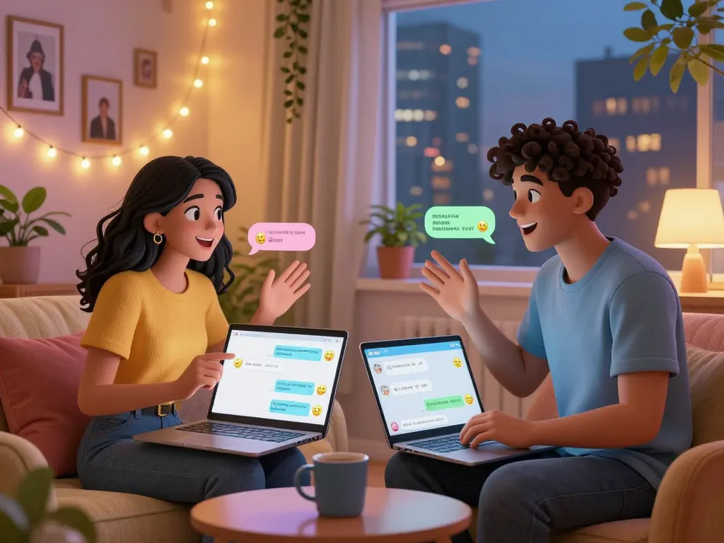 Couple engaging in an ai sex chat with personalized avatars, cozy setting, warm lighting, and playful digital interaction.