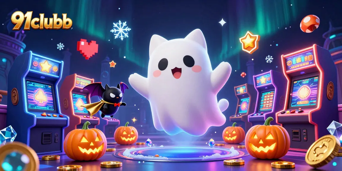 Engage with 91clubb's hauntingly fun casino scene featuring a ghost cat and bat.