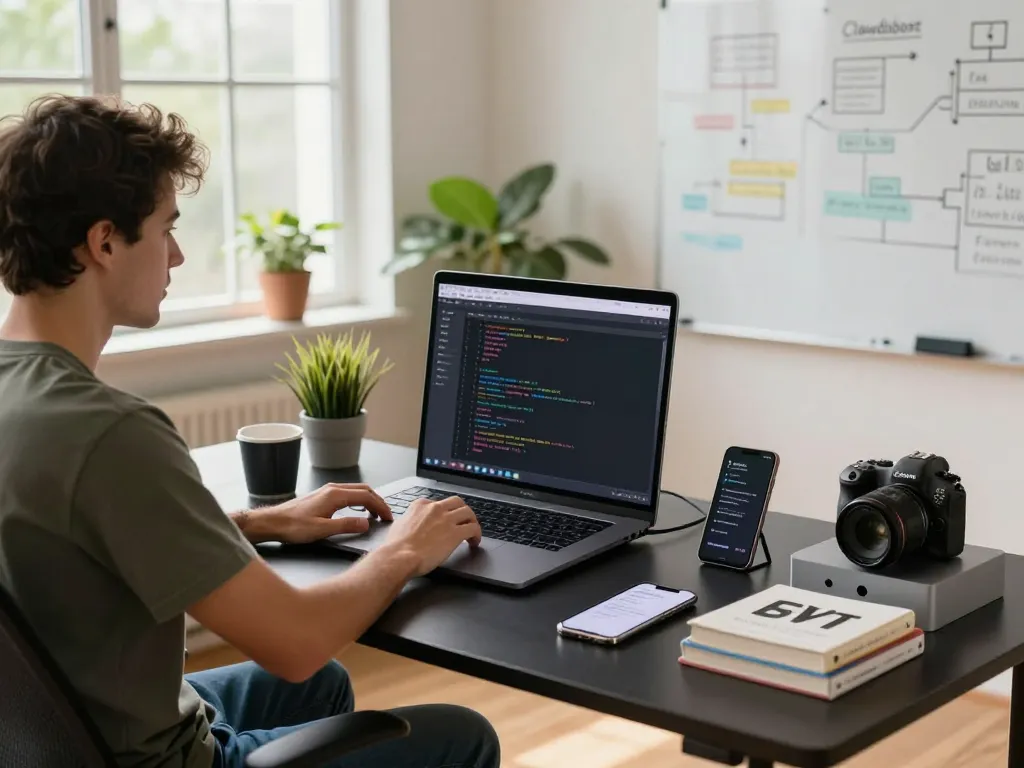 Developer using Clawdbot mac interface on a MacBook in a productive workspace.